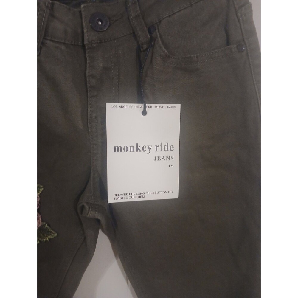 Monkey Ride Jean Junior Olive Green Distress Denim Rose Army  Skinny New Size 3 - Picture 4 of 7